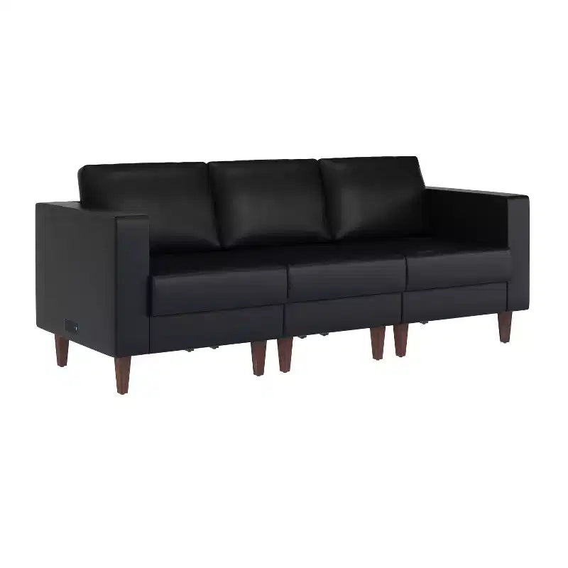 Flash Furniture HERCULES Artemis Upholstered Reception Sofa with 4 AC Outlets/2 USB/2 USB-C Ports and Wood Walnut Legs with Adjustable Floor Glides