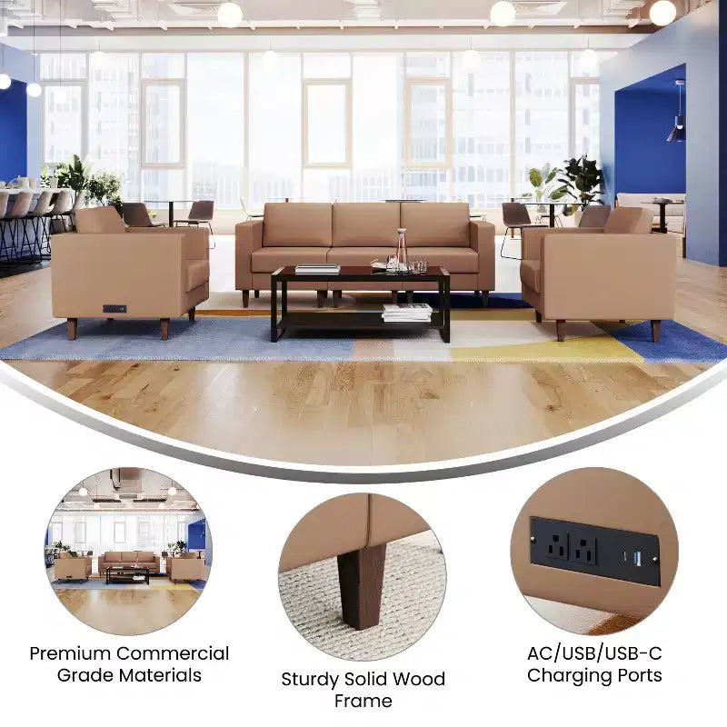 Flash Furniture HERCULES Artemis Ensemble de réception rembourré 3 pièces, 8 prises CA/4 ports USB/4 ports USB-C et pieds en noyer avec patins réglables