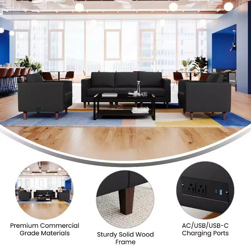Flash Furniture HERCULES Artemis Ensemble de réception rembourré 3 pièces, 8 prises CA/4 ports USB/4 ports USB-C et pieds en noyer avec patins réglables