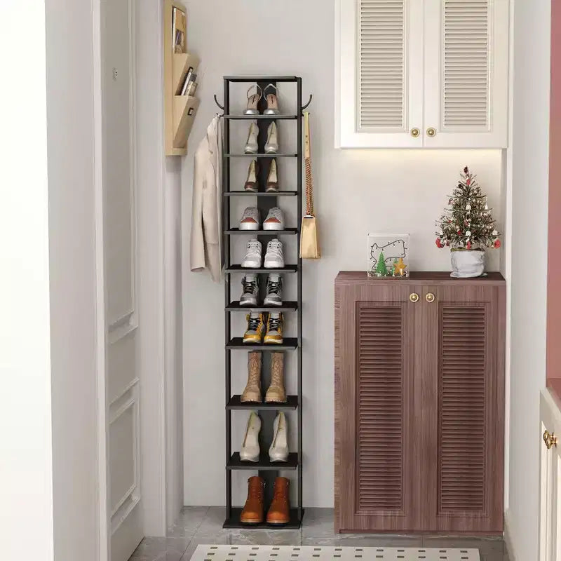 Tree City - Étagère à chaussures mince à 10 niveaux de 157 cm de haut avec crochets latéraux pour l'entrée, la chambre et le placard, peut contenir 10 à 20 paires