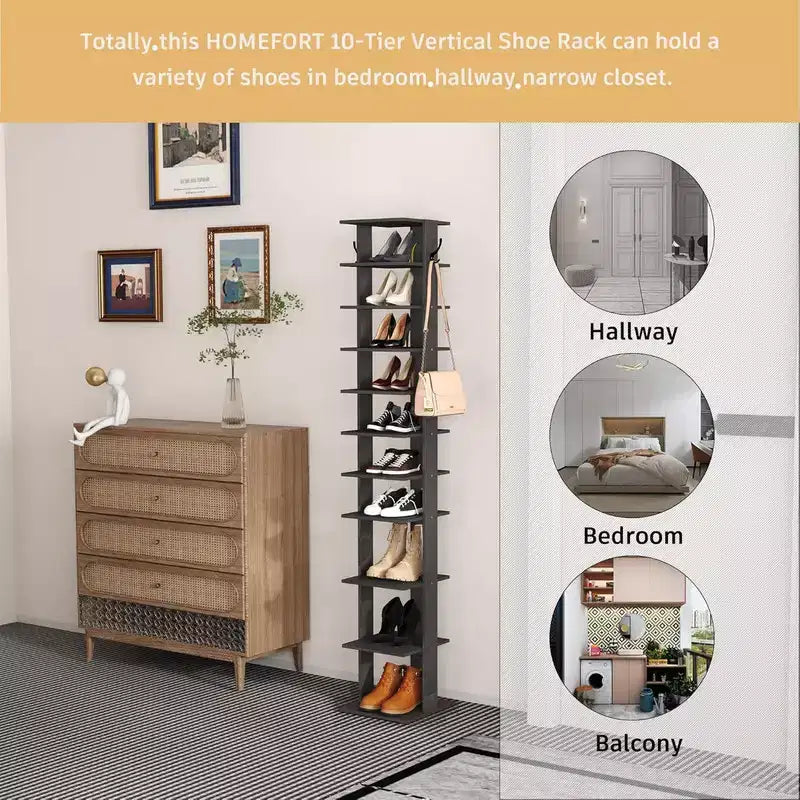 Tree City - Étagère à chaussures mince à 10 niveaux de 157 cm de haut avec crochets latéraux pour l'entrée, la chambre et le placard, peut contenir 10 à 20 paires