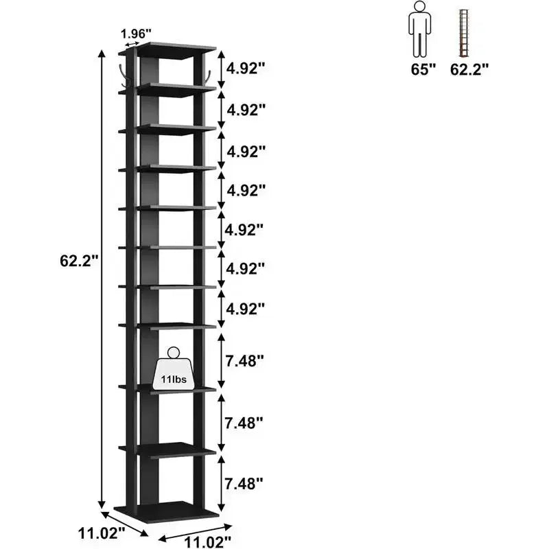Tree City - Étagère à chaussures mince à 10 niveaux de 157 cm de haut avec crochets latéraux pour l'entrée, la chambre et le placard, peut contenir 10 à 20 paires