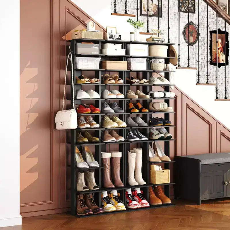 Tree City - Étagère à chaussures mince à 10 niveaux de 157 cm de haut avec crochets latéraux pour l'entrée, la chambre et le placard, peut contenir 10 à 20 paires