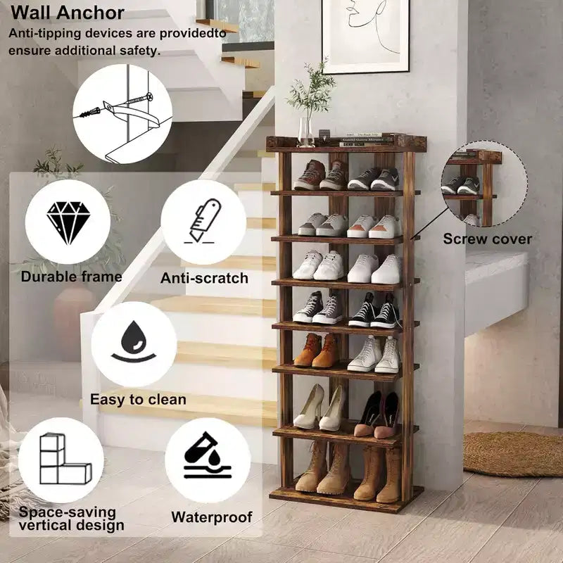 Tree City - Grand meuble à chaussures double rangée de 45" à 7 niveaux en bois pour entrée et placard, peut contenir 14 à 20 paires