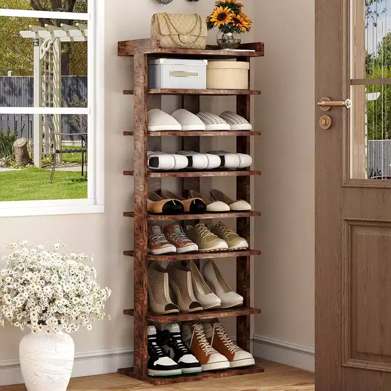 Tree City - Grand meuble à chaussures double rangée de 45" à 7 niveaux en bois pour entrée et placard, peut contenir 14 à 20 paires