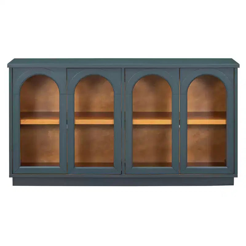 Polibi Buffet de Rangement 4 Portes avec Verre Arqué, Étagères Réglables et Portes à Rebond