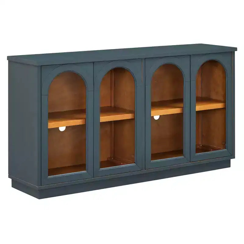 Polibi Buffet de Rangement 4 Portes avec Verre Arqué, Étagères Réglables et Portes à Rebond