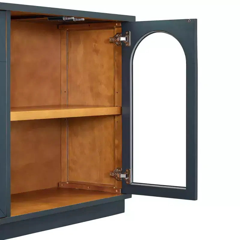 Polibi Buffet de Rangement 4 Portes avec Verre Arqué, Étagères Réglables et Portes à Rebond
