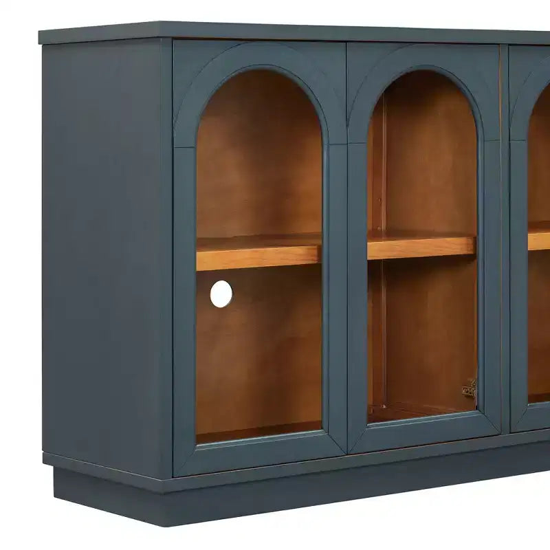 Polibi Buffet de Rangement 4 Portes avec Verre Arqué, Étagères Réglables et Portes à Rebond