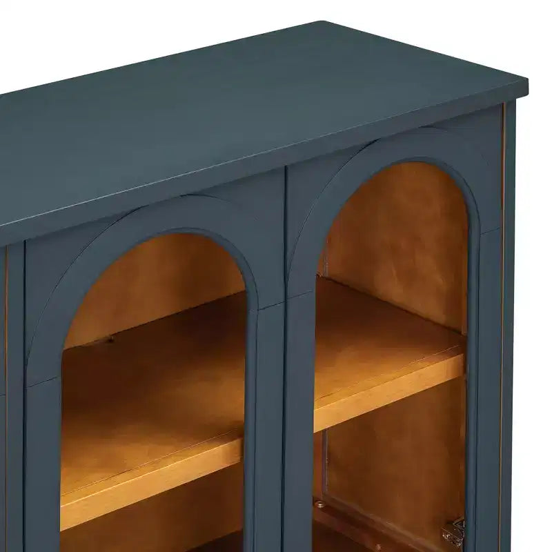 Polibi Buffet de Rangement 4 Portes avec Verre Arqué, Étagères Réglables et Portes à Rebond