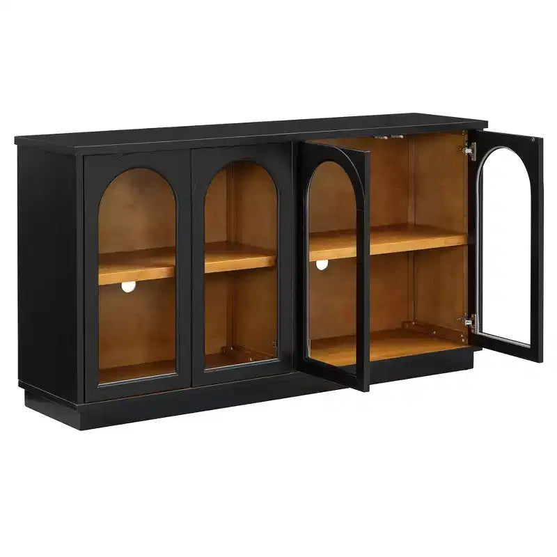 Polibi Buffet de Rangement 4 Portes avec Verre Arqué, Étagères Réglables et Portes à Rebond