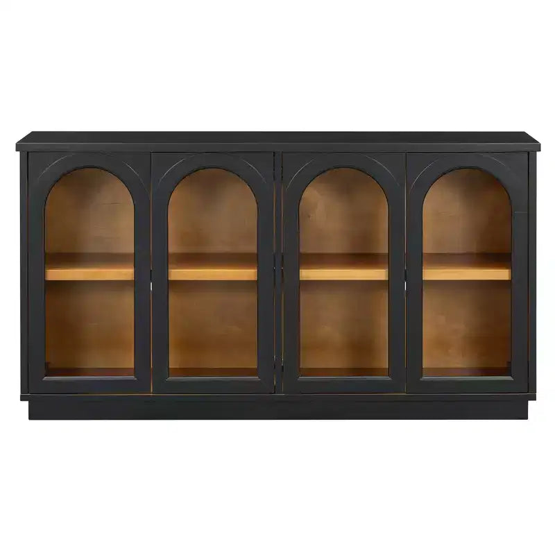 Polibi Buffet de Rangement 4 Portes avec Verre Arqué, Étagères Réglables et Portes à Rebond