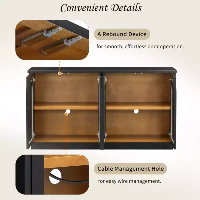Polibi Buffet de Rangement 4 Portes avec Verre Arqué, Étagères Réglables et Portes à Rebond