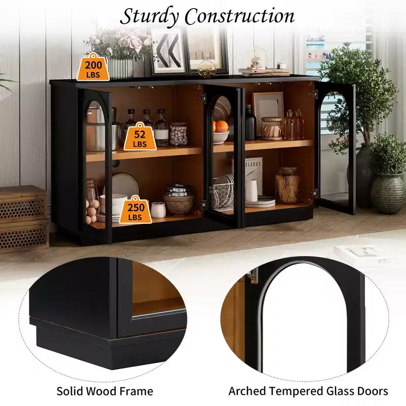 Polibi Buffet de Rangement 4 Portes avec Verre Arqué, Étagères Réglables et Portes à Rebond