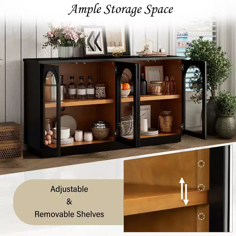 Polibi Buffet de Rangement 4 Portes avec Verre Arqué, Étagères Réglables et Portes à Rebond