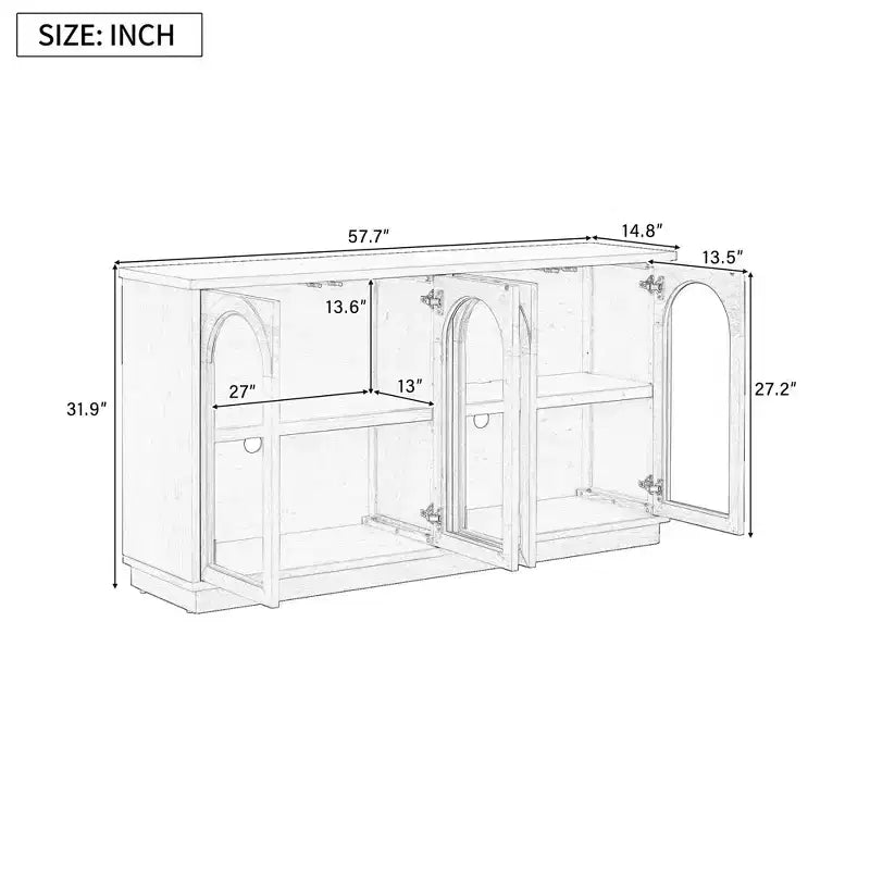 Polibi Buffet de Rangement 4 Portes avec Verre Arqué, Étagères Réglables et Portes à Rebond