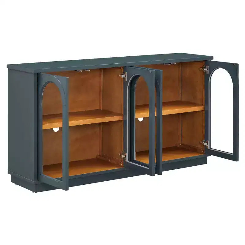 Polibi Buffet de Rangement 4 Portes avec Verre Arqué, Étagères Réglables et Portes à Rebond