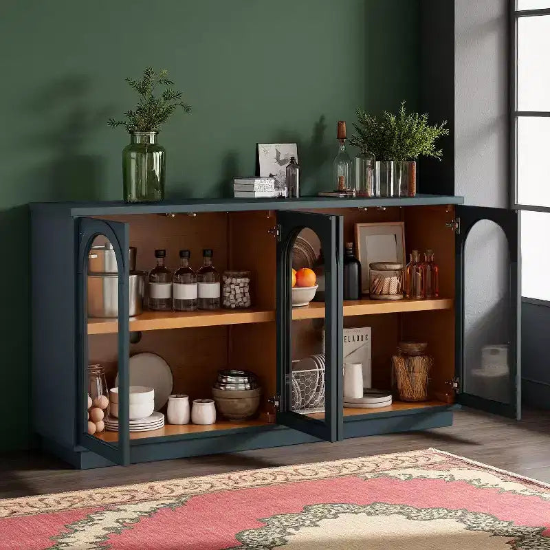 Polibi Buffet de Rangement 4 Portes avec Verre Arqué, Étagères Réglables et Portes à Rebond