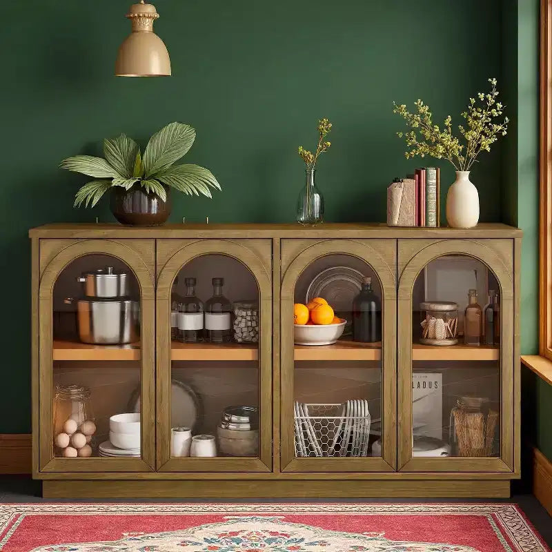 Polibi Buffet de Rangement 4 Portes avec Verre Arqué, Étagères Réglables et Portes à Rebond