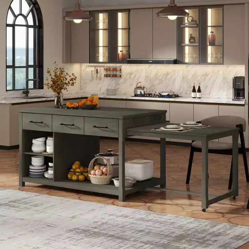Extendable Kitchen Island with Storage and Power Outlets, Multi-Functional Retro Kitchen Cart on Wheels with Drawers and Open Shelves,Gray