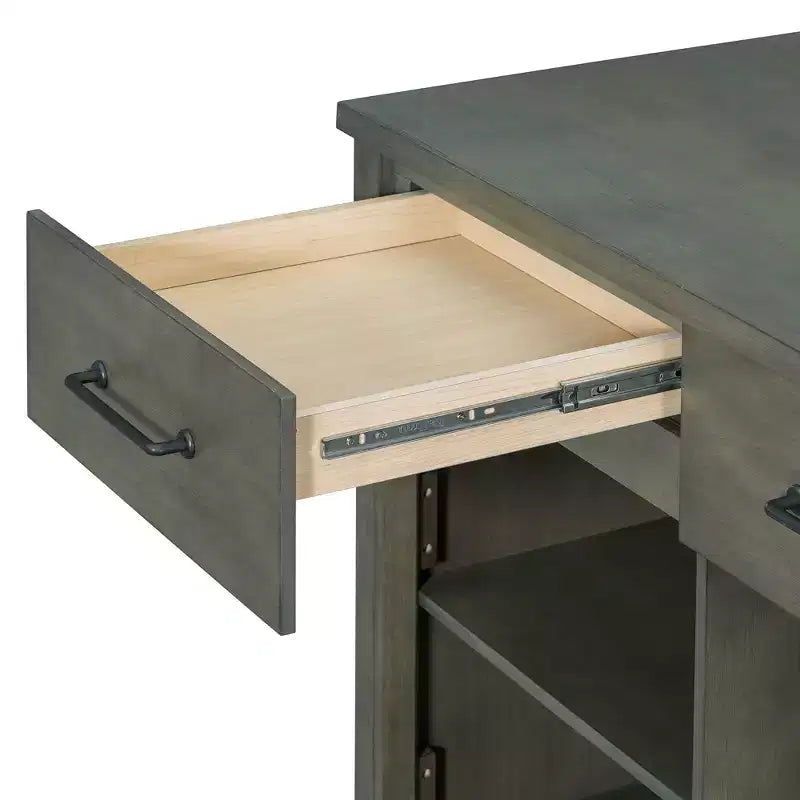 Îlot de cuisine extensible avec rangement et prises électriques, chariot de cuisine rétro multifonctionnel sur roulettes avec tiroirs et étagères ouvertes, gris