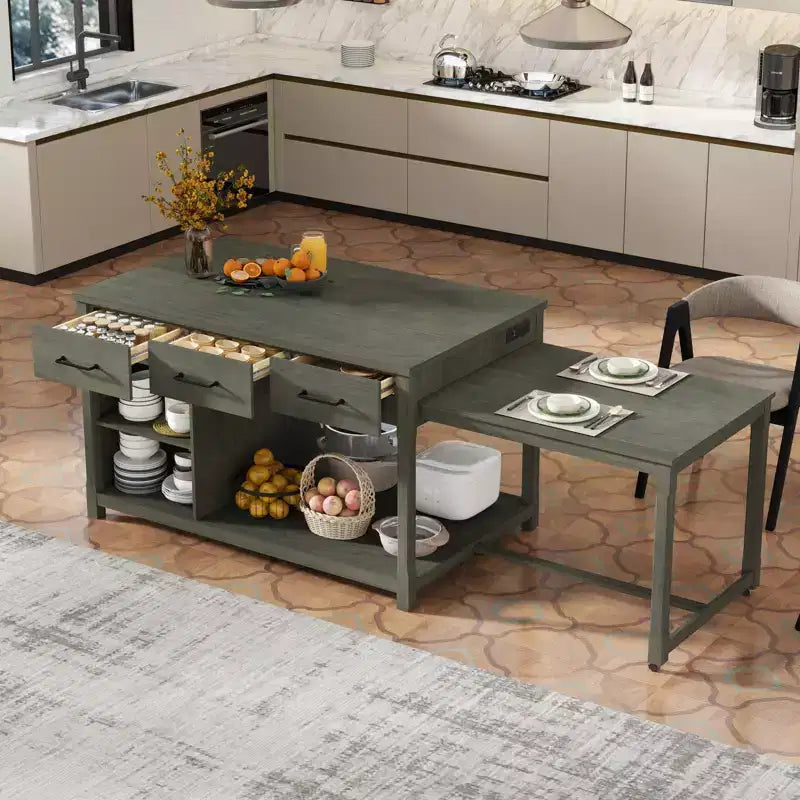 Îlot de cuisine extensible avec rangement et prises électriques, chariot de cuisine rétro multifonctionnel sur roulettes avec tiroirs et étagères ouvertes, gris