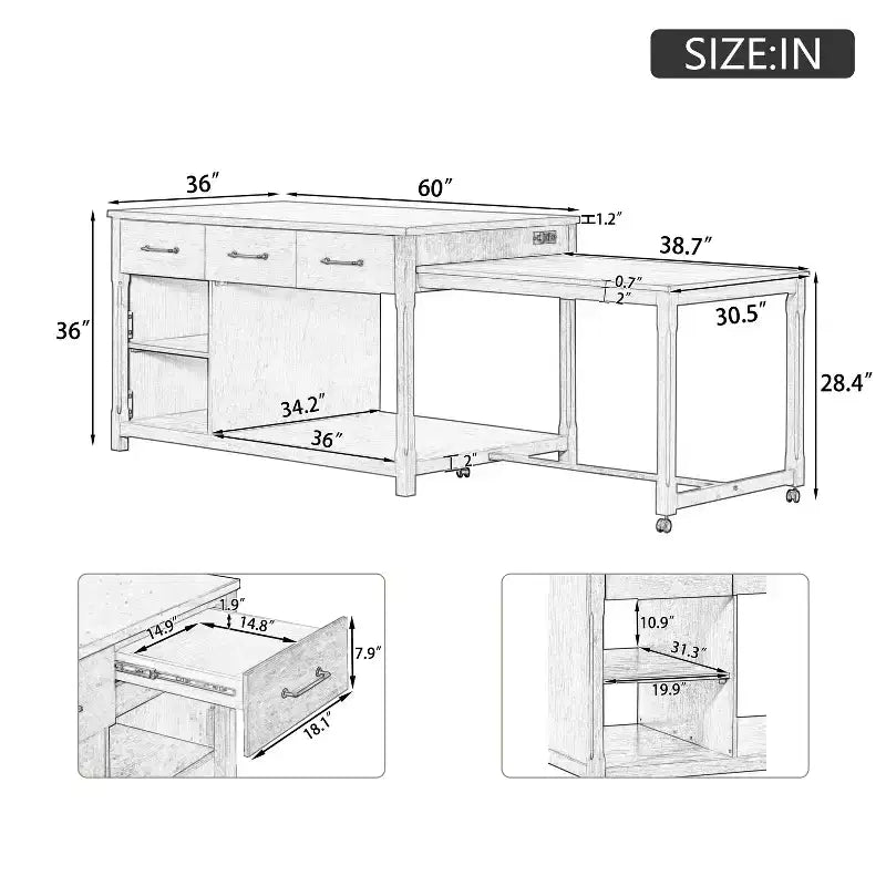 Îlot de cuisine extensible avec rangement et prises électriques, chariot de cuisine rétro multifonctionnel sur roulettes avec tiroirs et étagères ouvertes, gris