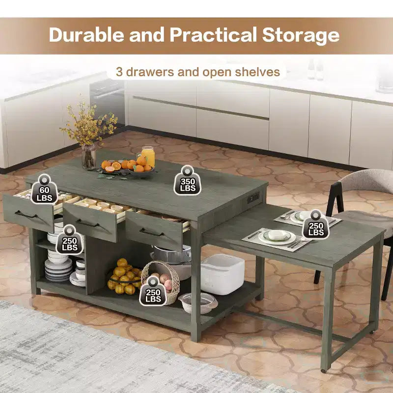 Îlot de cuisine extensible avec rangement et prises électriques, chariot de cuisine rétro multifonctionnel sur roulettes avec tiroirs et étagères ouvertes, gris