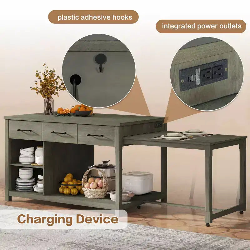 Îlot de cuisine extensible avec rangement et prises électriques, chariot de cuisine rétro multifonctionnel sur roulettes avec tiroirs et étagères ouvertes, gris