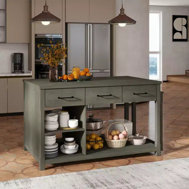 Îlot de cuisine extensible avec rangement et prises électriques, chariot de cuisine rétro multifonctionnel sur roulettes avec tiroirs et étagères ouvertes, gris