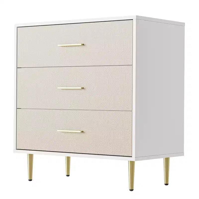Commode moderne à 3 tiroirs avec poignées et pieds dorés pour salon, chambre à coucher