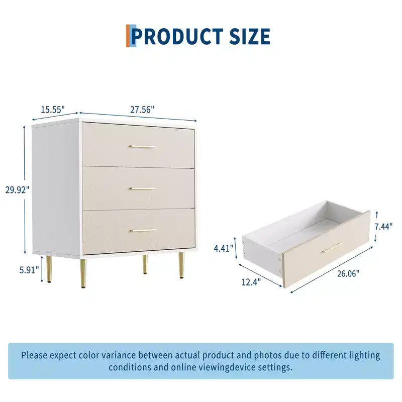 Commode moderne à 3 tiroirs avec poignées et pieds dorés pour salon, chambre à coucher