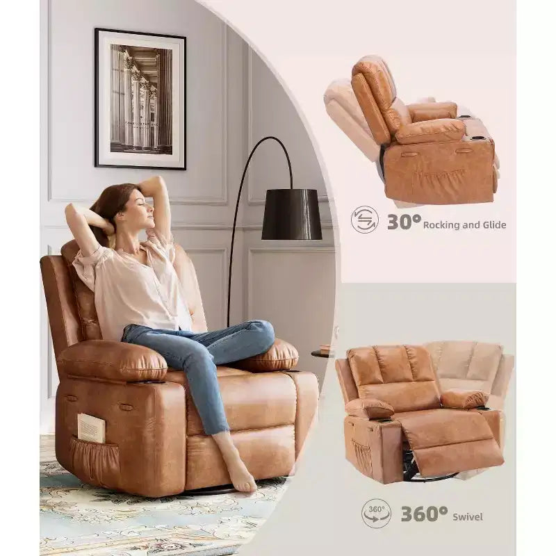 Fauteuil inclinable manuel surdimensionné GustoWave, fauteuil inclinable à bascule pivotant à 360° avec chauffage et massage, canapé-fauteuil inclinable doux Lazy Boy