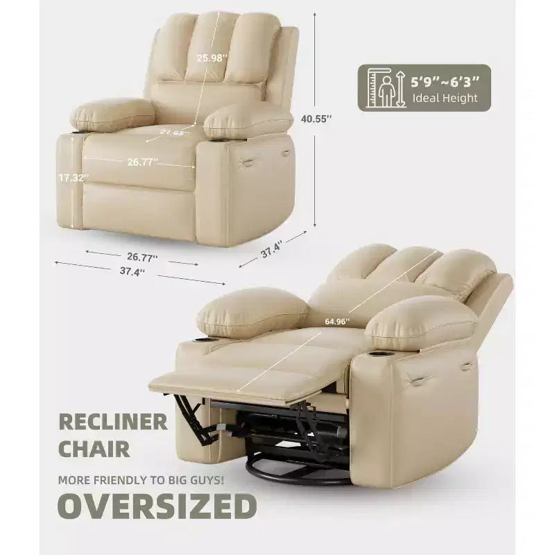 Fauteuil inclinable manuel surdimensionné GustoWave, fauteuil inclinable à bascule pivotant à 360° avec chauffage et massage, canapé-fauteuil inclinable doux Lazy Boy