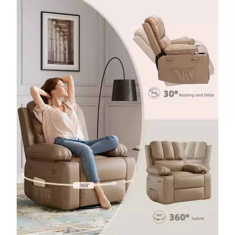 Fauteuil inclinable manuel surdimensionné GustoWave, fauteuil inclinable à bascule pivotant à 360° avec chauffage et massage, canapé-fauteuil inclinable doux Lazy Boy