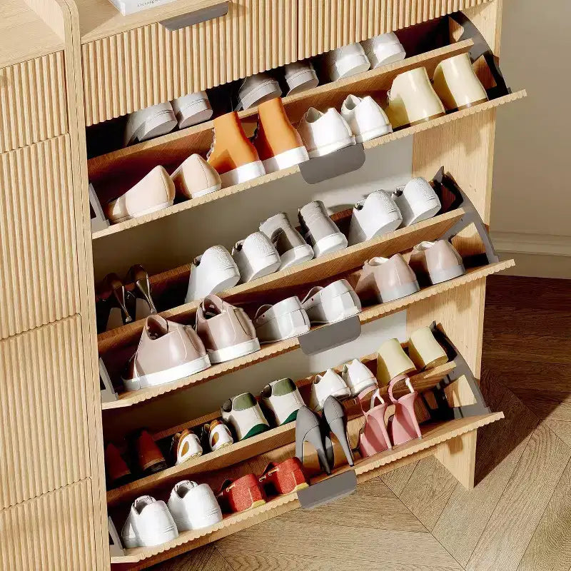 Meuble à chaussures étroit cannelé avec 3 tiroirs basculants, meuble à chaussures moderne, étagère à chaussures dissimulée autoportante pour couloir, entrée, salon