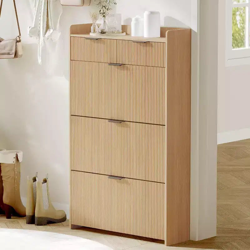 Meuble à chaussures étroit cannelé avec 3 tiroirs basculants, meuble à chaussures moderne, étagère à chaussures dissimulée autoportante pour couloir, entrée, salon