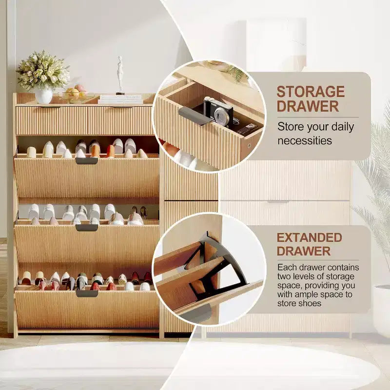 Meuble à chaussures étroit cannelé avec 3 tiroirs basculants, meuble à chaussures moderne, étagère à chaussures dissimulée autoportante pour couloir, entrée, salon