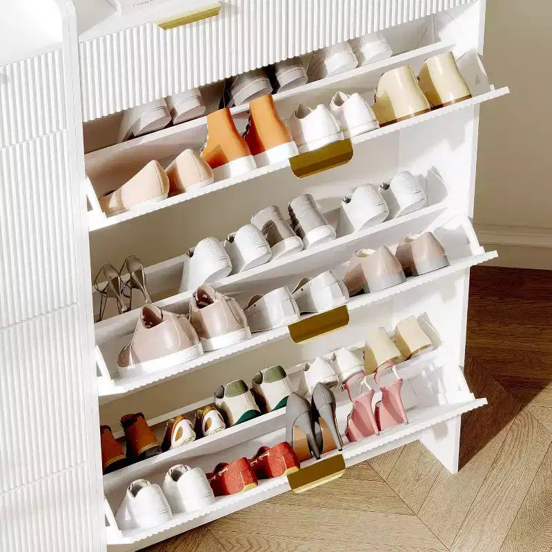 Meuble à chaussures étroit cannelé avec 3 tiroirs basculants, meuble à chaussures moderne, étagère à chaussures dissimulée autoportante pour couloir, entrée, salon