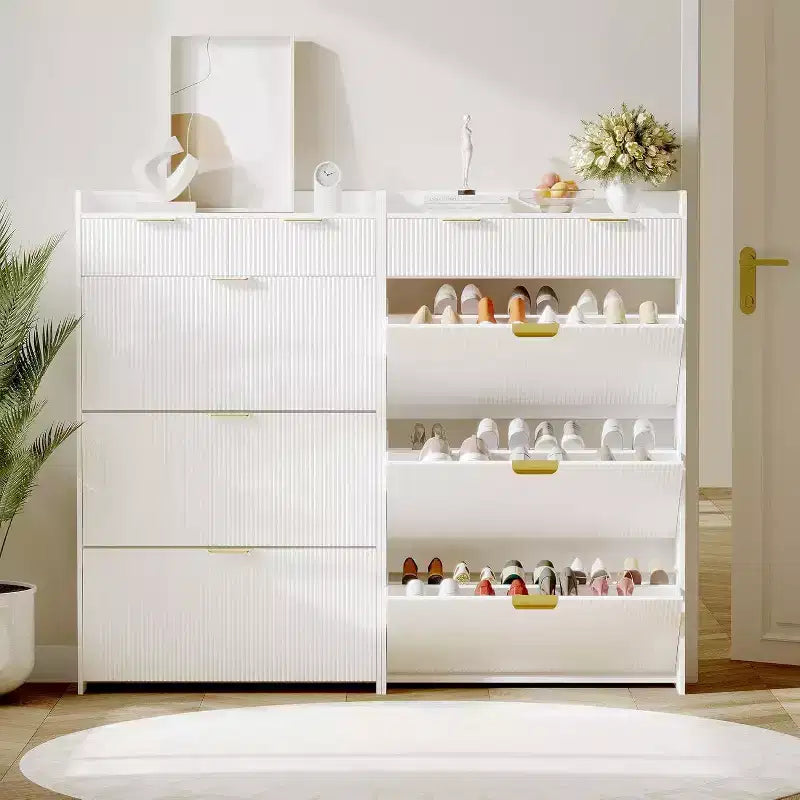 Meuble à chaussures étroit cannelé avec 3 tiroirs basculants, meuble à chaussures moderne, étagère à chaussures dissimulée autoportante pour couloir, entrée, salon