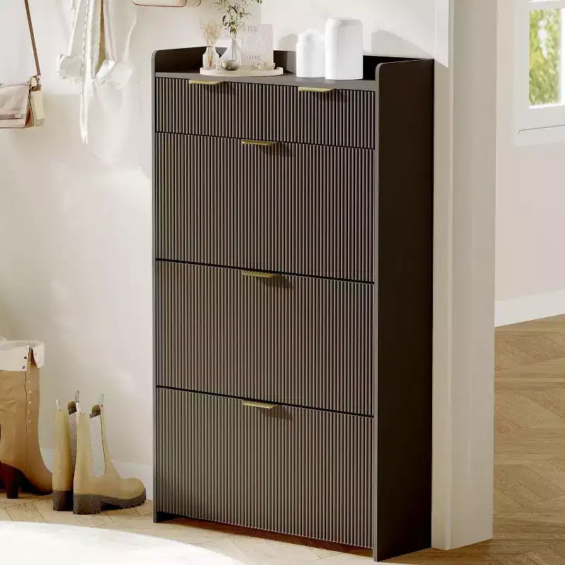 Meuble à chaussures étroit cannelé avec 3 tiroirs basculants, meuble à chaussures moderne, étagère à chaussures dissimulée autoportante pour couloir, entrée, salon