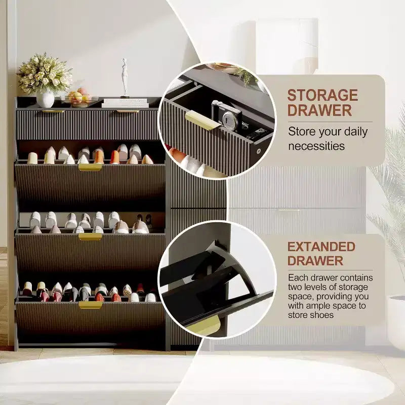 Meuble à chaussures étroit cannelé avec 3 tiroirs basculants, meuble à chaussures moderne, étagère à chaussures dissimulée autoportante pour couloir, entrée, salon