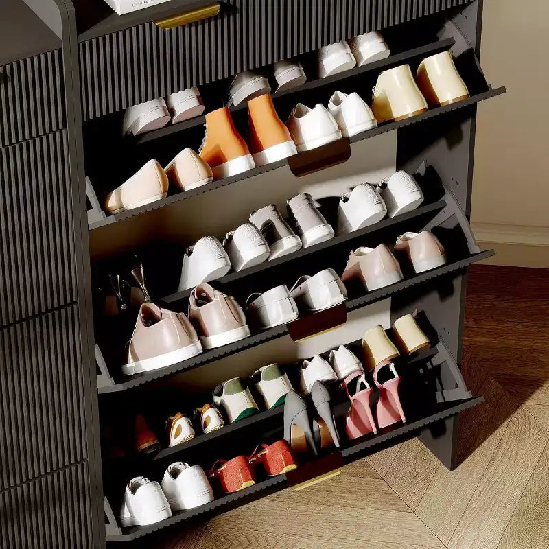 Meuble à chaussures étroit cannelé avec 3 tiroirs basculants, meuble à chaussures moderne, étagère à chaussures dissimulée autoportante pour couloir, entrée, salon