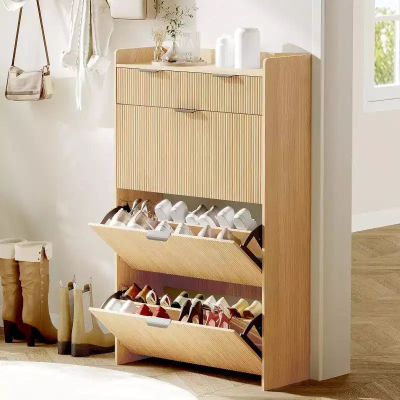 Meuble à chaussures étroit cannelé avec 3 tiroirs basculants, meuble à chaussures moderne, étagère à chaussures dissimulée autoportante pour couloir, entrée, salon