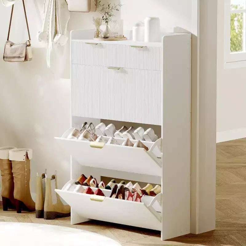 Meuble à chaussures étroit cannelé avec 3 tiroirs basculants, meuble à chaussures moderne, étagère à chaussures dissimulée autoportante pour couloir, entrée, salon