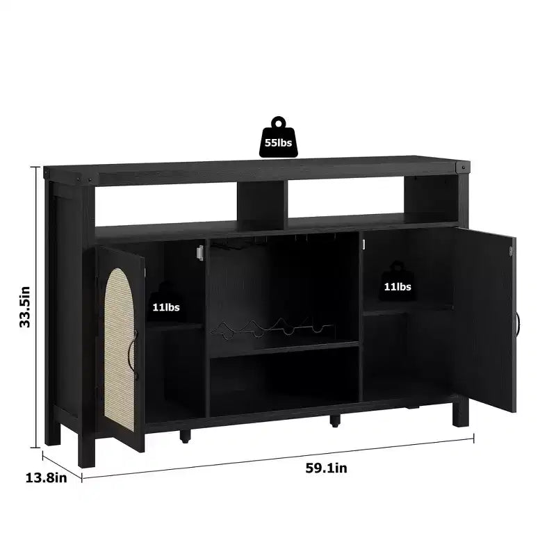 Meuble Bar de Ferme TROPOW, Bar à Café en Rotin avec Étagères de Rangement Réglables, Buffet Boissons Bohème avec Porte-Bouteilles pour Cuisine, Noir