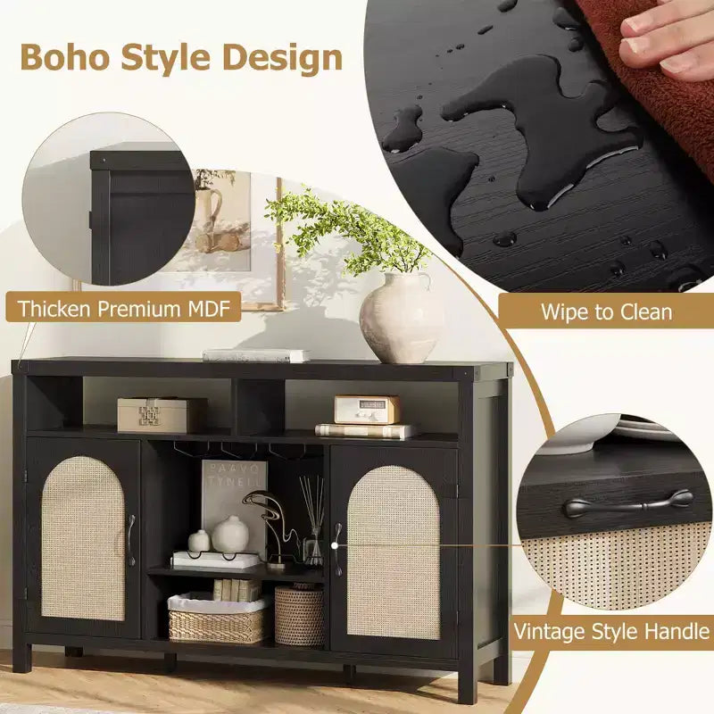 Meuble Bar de Ferme TROPOW, Bar à Café en Rotin avec Étagères de Rangement Réglables, Buffet Boissons Bohème avec Porte-Bouteilles pour Cuisine, Noir