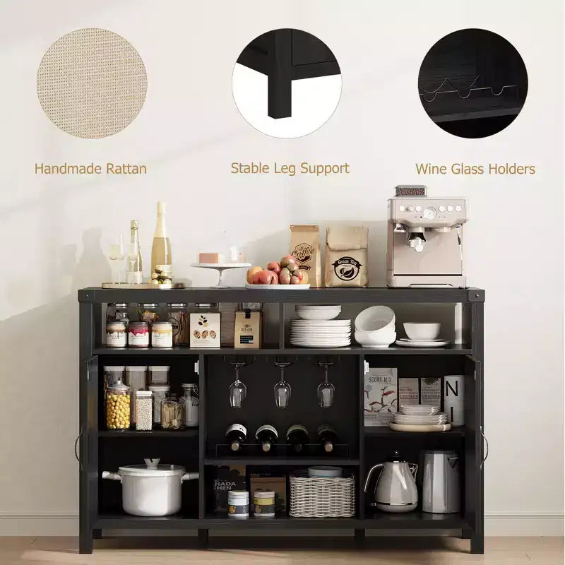 Meuble Bar de Ferme TROPOW, Bar à Café en Rotin avec Étagères de Rangement Réglables, Buffet Boissons Bohème avec Porte-Bouteilles pour Cuisine, Noir