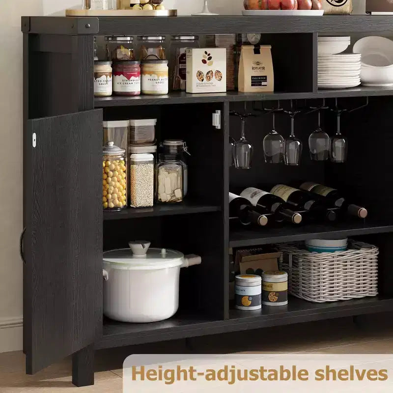 Meuble Bar de Ferme TROPOW, Bar à Café en Rotin avec Étagères de Rangement Réglables, Buffet Boissons Bohème avec Porte-Bouteilles pour Cuisine, Noir