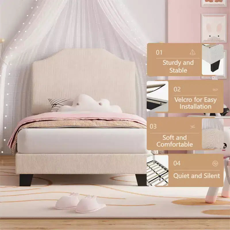 Cadre de lit double, Cadre de lit plateforme rembourré en velours côtelé avec tête de lit réglable, Sommier, Support à lattes en bois, Aucun sommier tapissier requis